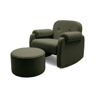Olive green upholstered armchair with matching ottoman on white background