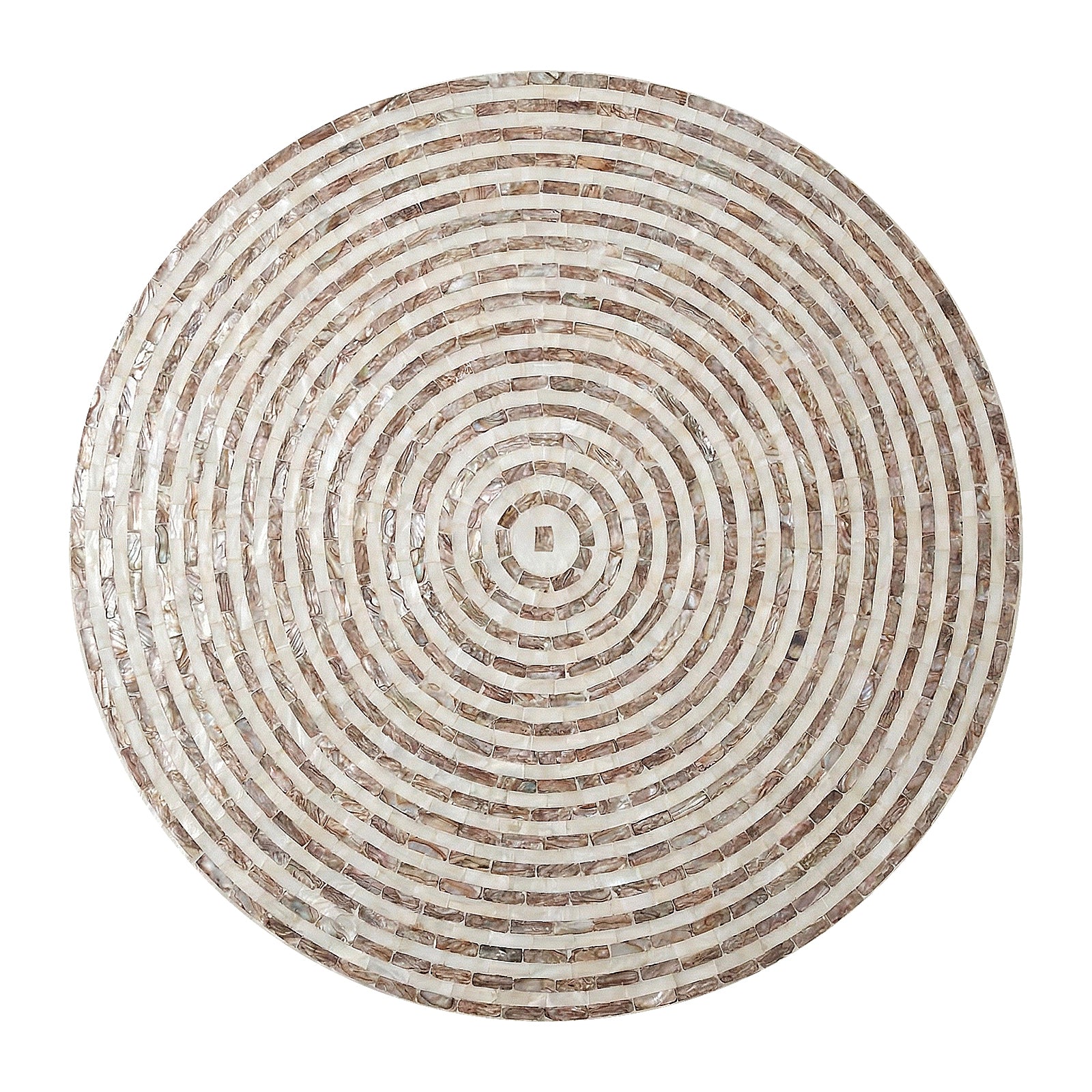 Circular mosaic tabletop with concentric rings on white background