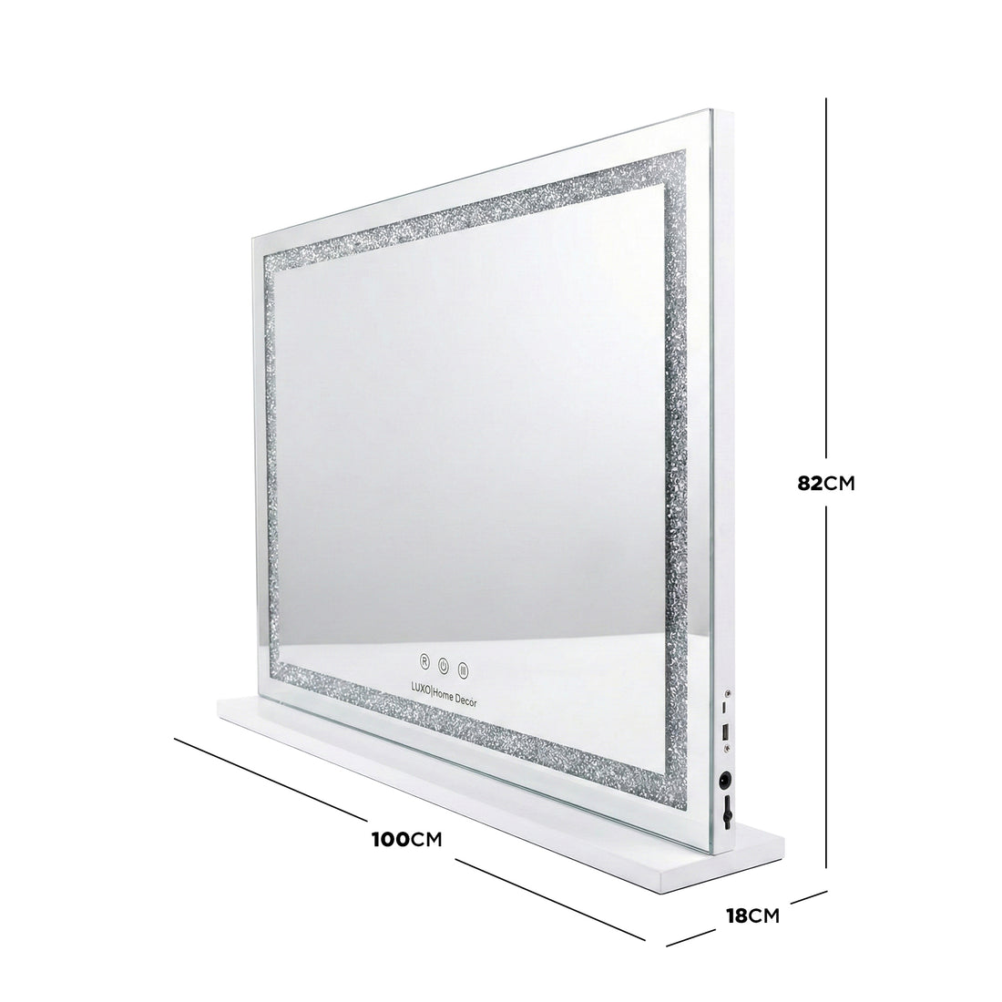 Tabletop mirror with glitter border and labeled dimensions on white background