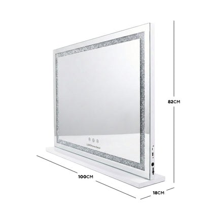 Tabletop mirror with glitter border and labeled dimensions on white background