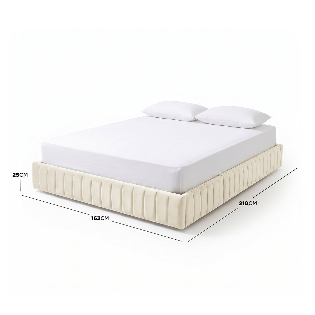 Cream upholstered bed on white background with black dimension lines indicating width, length, and height