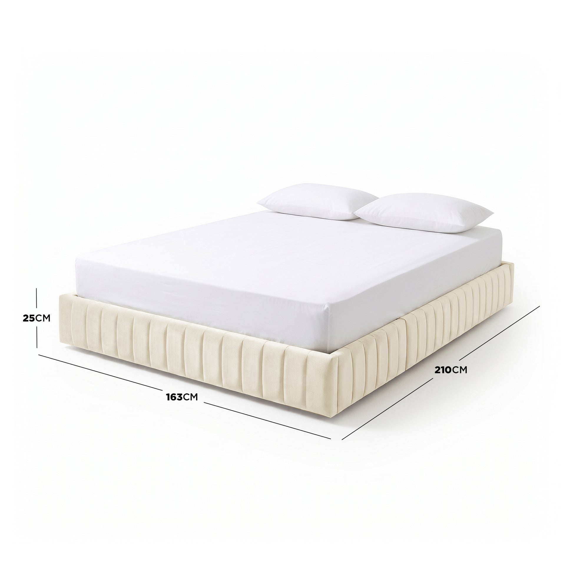 Cream upholstered bed on white background with black dimension lines indicating width, length, and height