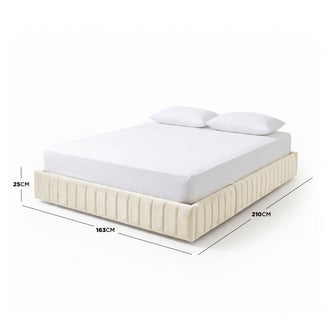 Cream upholstered bed on white background with black dimension lines indicating width, length, and height
