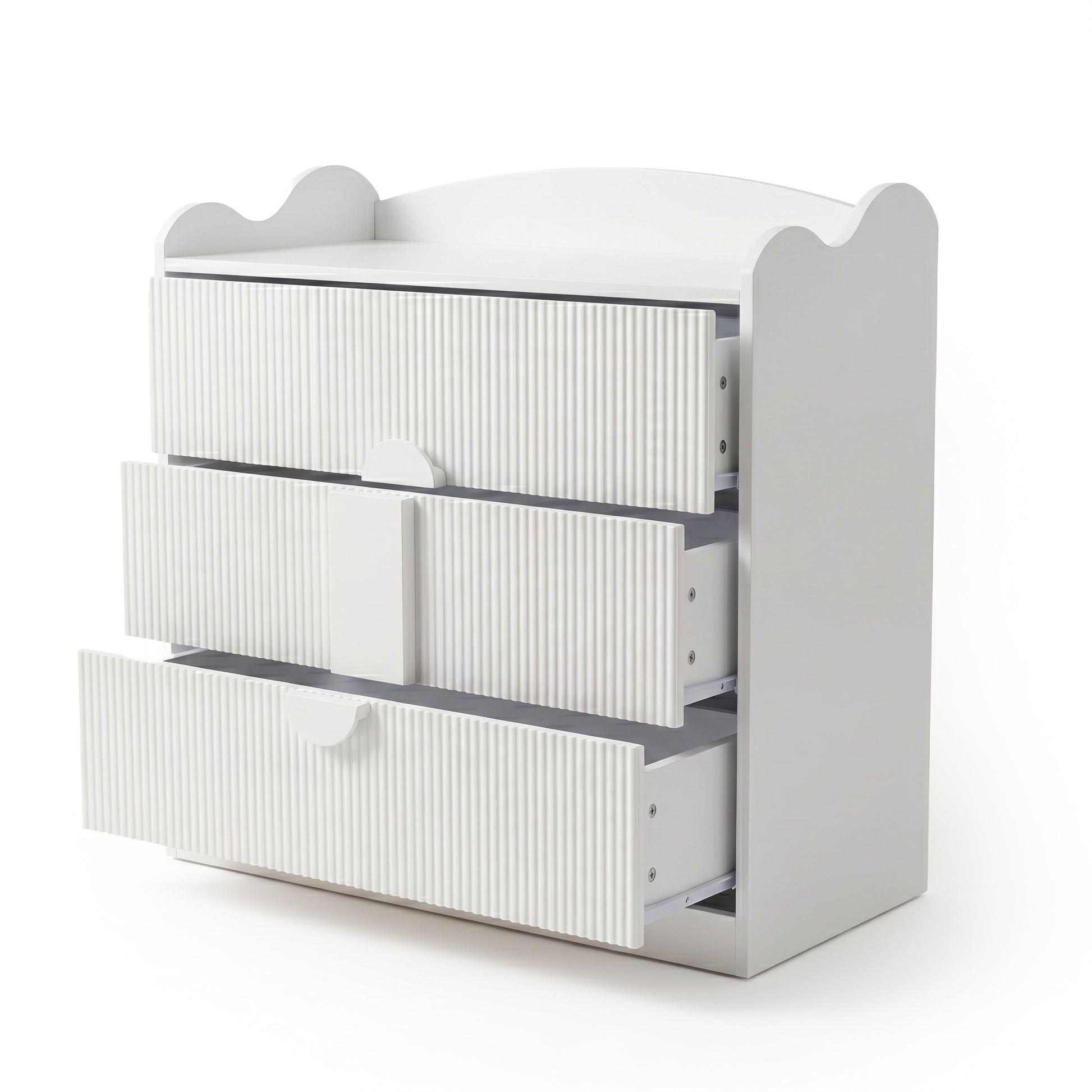 White three-drawer dresser with drawers open on white background