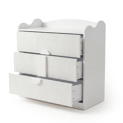 White three-drawer dresser with drawers open on white background