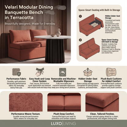 Terracotta modular dining banquette in a styled dining room with feature details