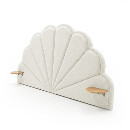 Scalloped scallop-shaped upholstered headboard with side shelves on white background