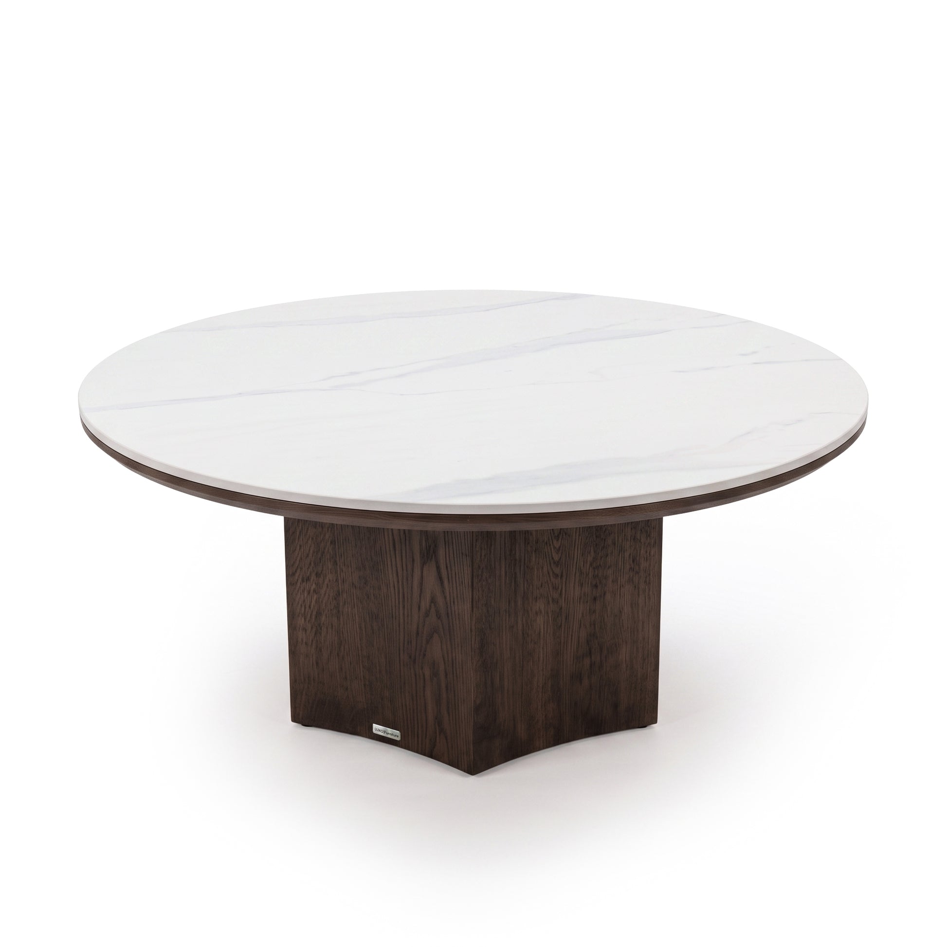 Modern round table with a white marble-effect top and dark square pedestal base on a white background
