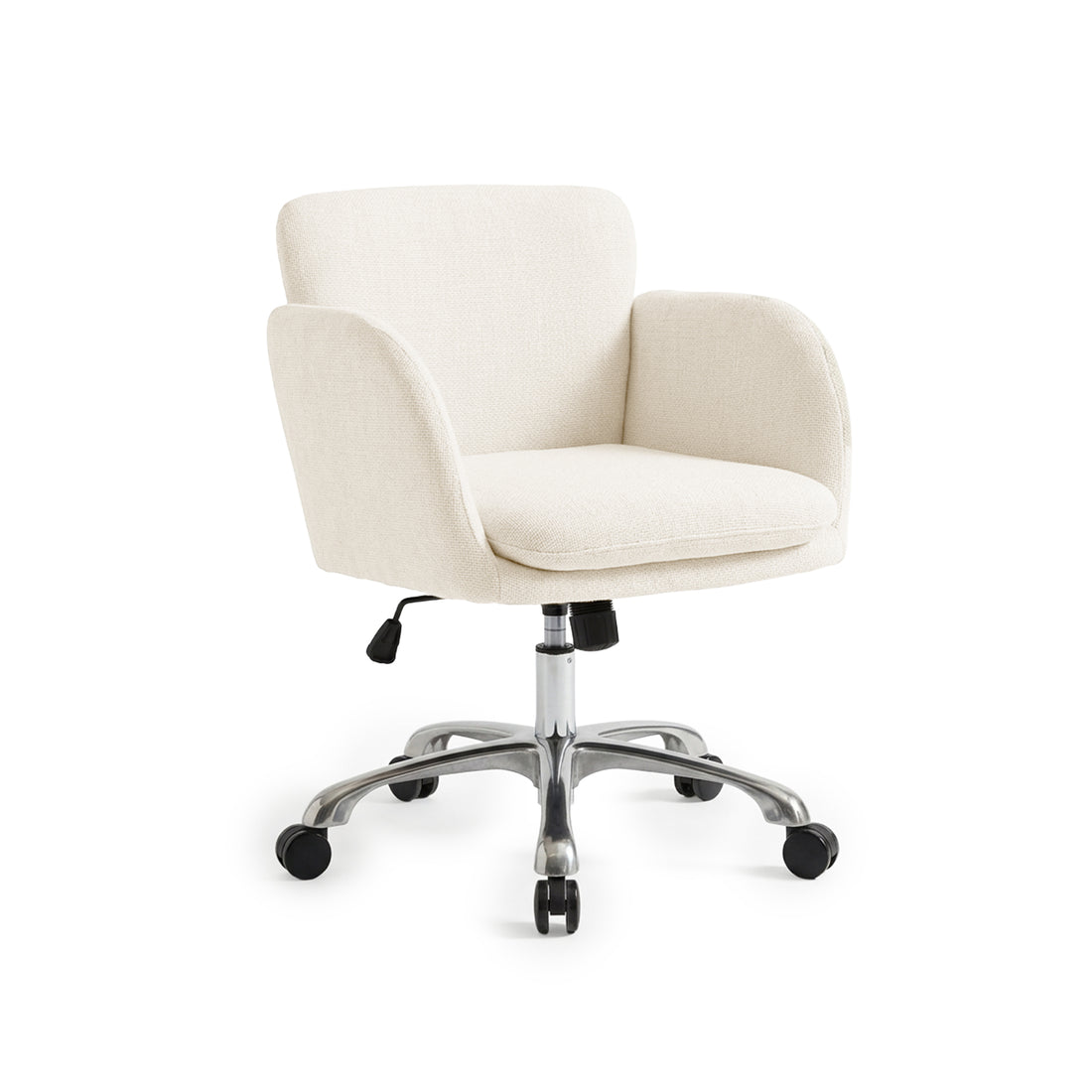 Cream upholstered office chair on a white background with chrome base and casters