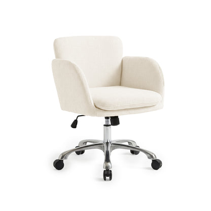 Cream upholstered office chair on a white background with chrome base and casters