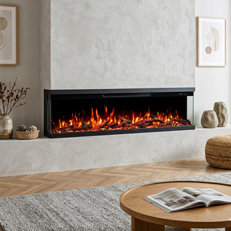 Electric fireplace installed in a modern living room setting with contemporary decor and realistic flames.