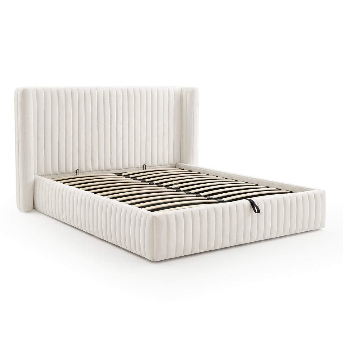Three-quarter view of upholstered bed frame on white background