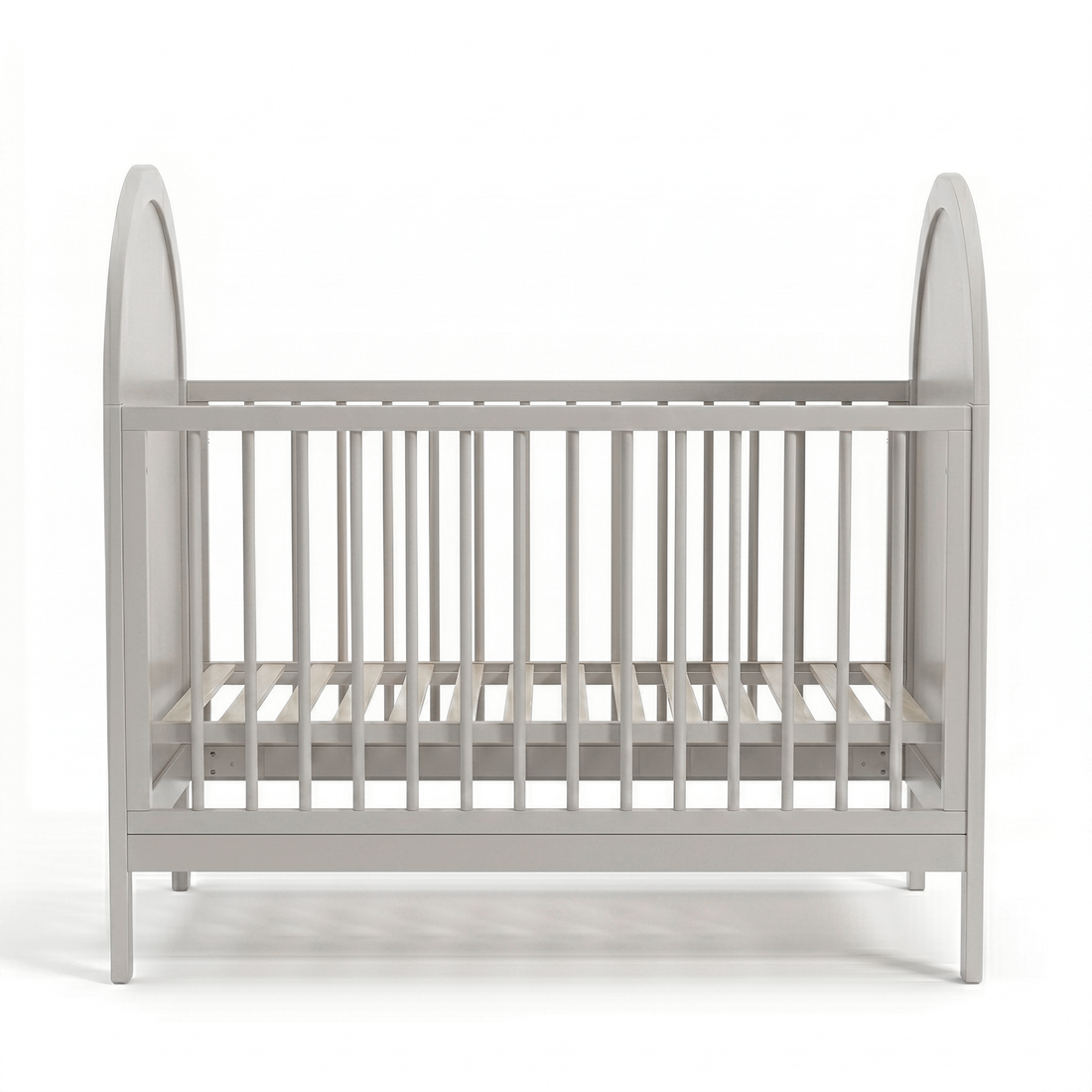 Full view of grey baby crib on white background