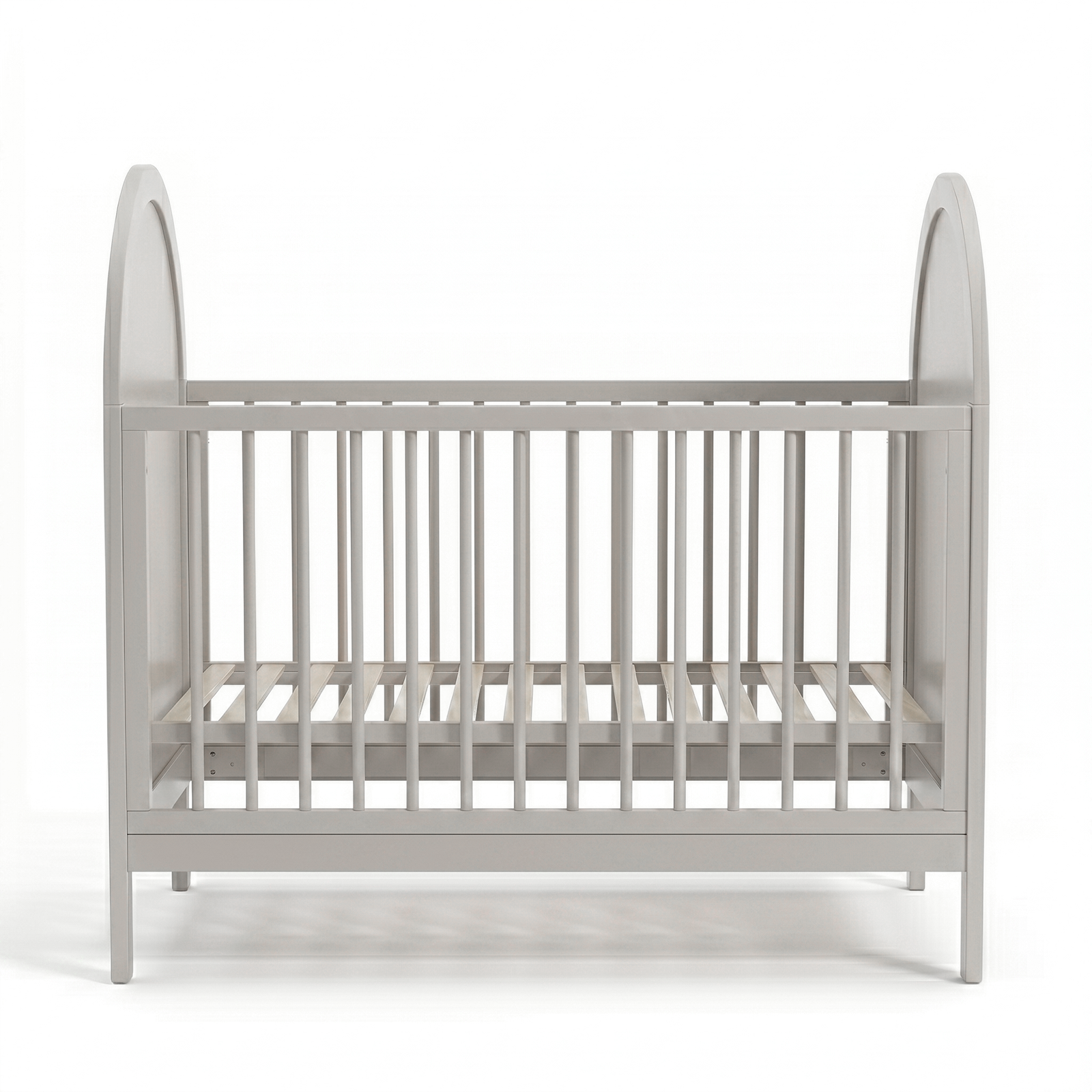 Full view of grey baby crib on white background