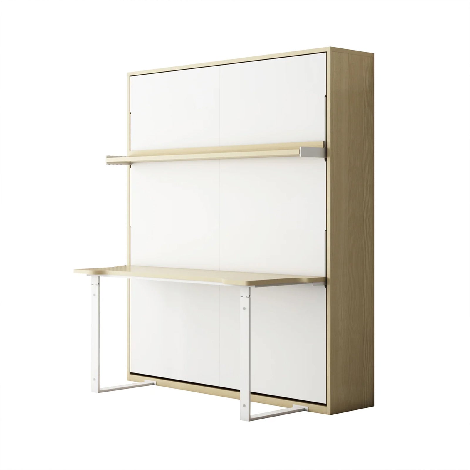Logan Queen Murphy Bed & Cybele Mattress in White Natural, featuring a wall-mounted desk with light wood frame, white pull-down work surface, and upper shelf, maximizing space efficiency.
