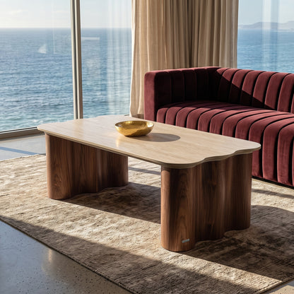 Modern coffee table in a stylish living room with ocean view