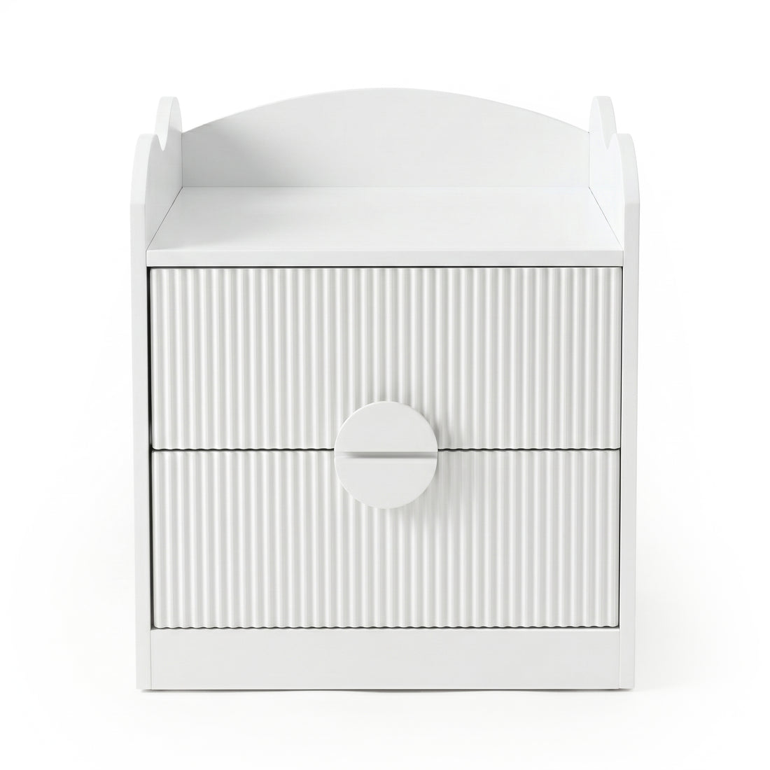 White bedside table with two drawers and oversized circular handle on white background