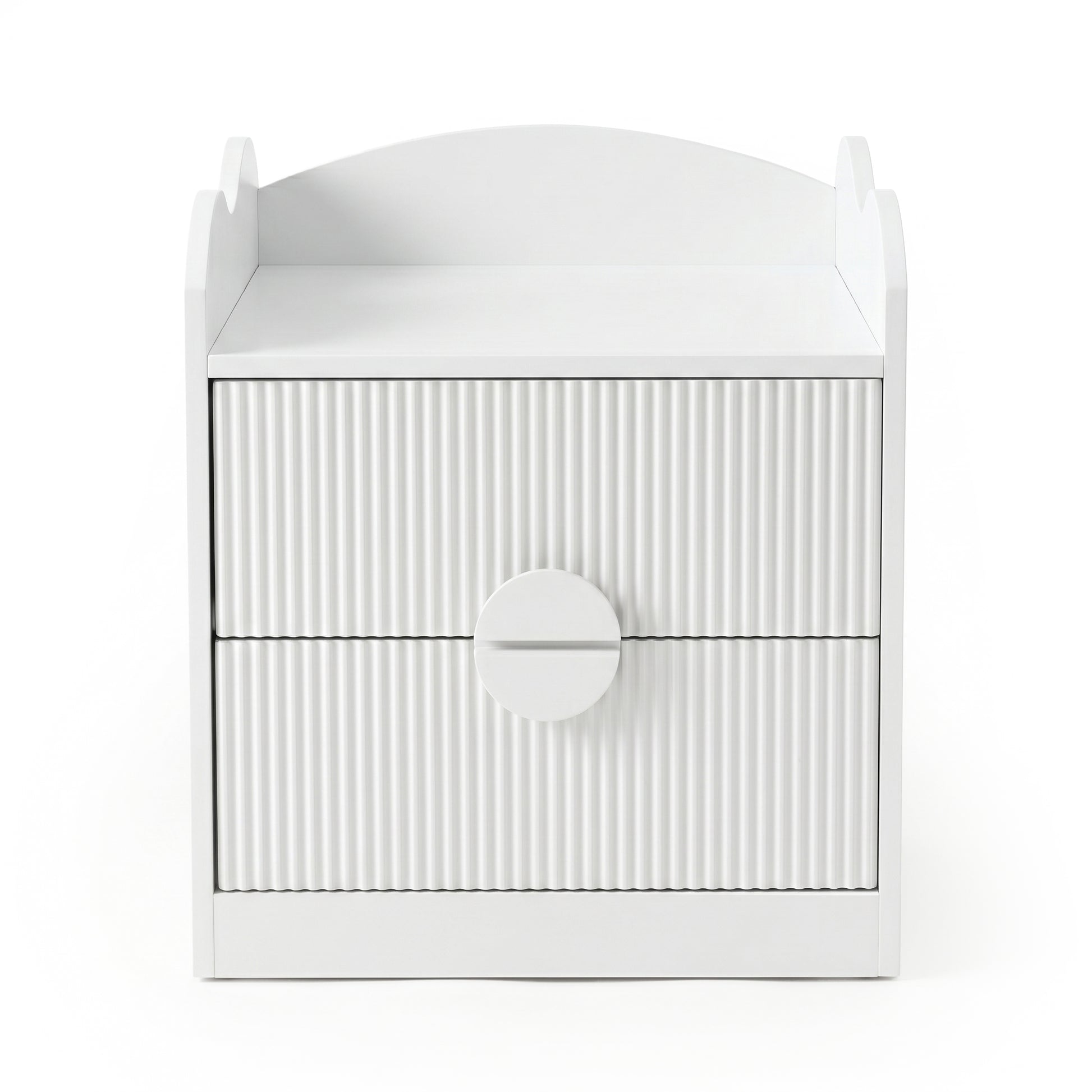 White bedside table with two drawers and oversized circular handle on white background