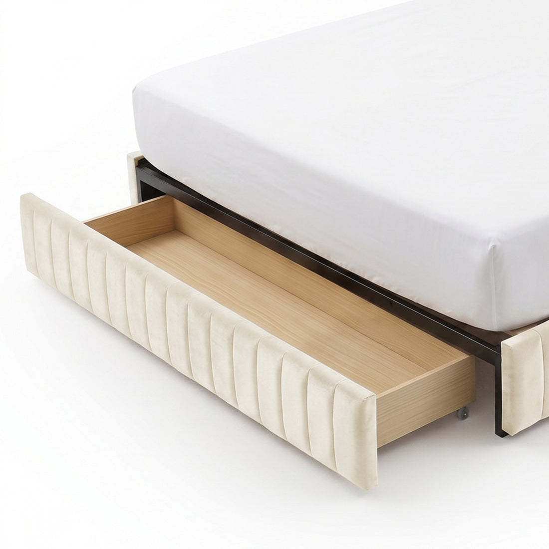 Close-up of storage drawer of upholstered bed