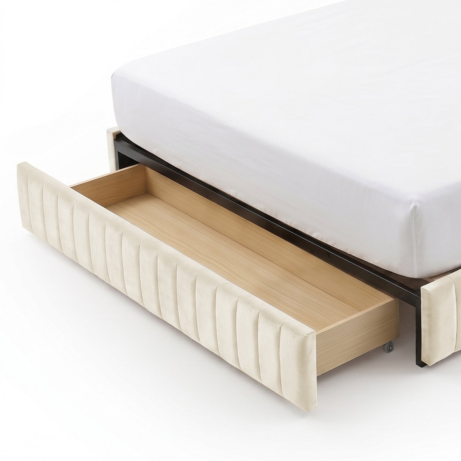 Close-up of storage drawer of upholstered bed