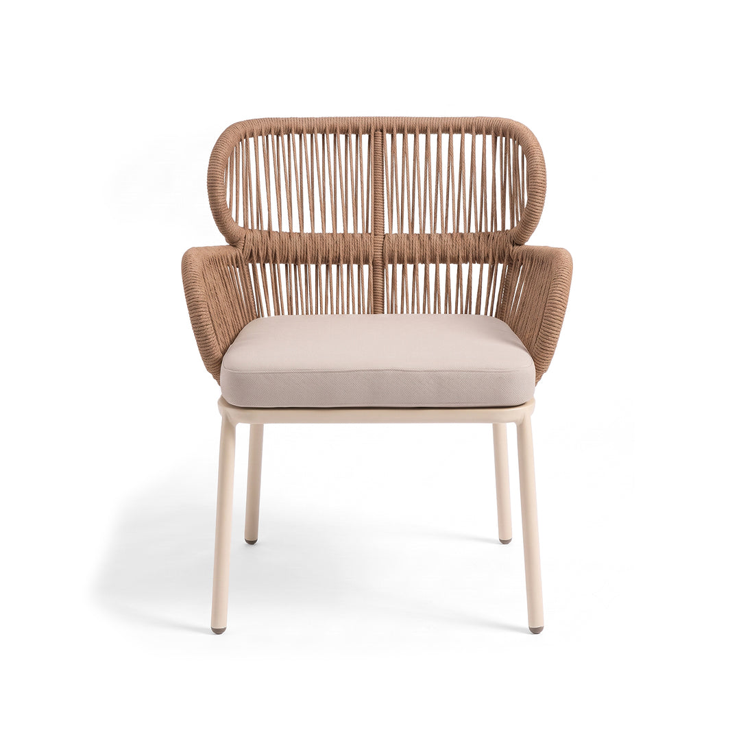 Modern woven chair with cushioned seat on a white background