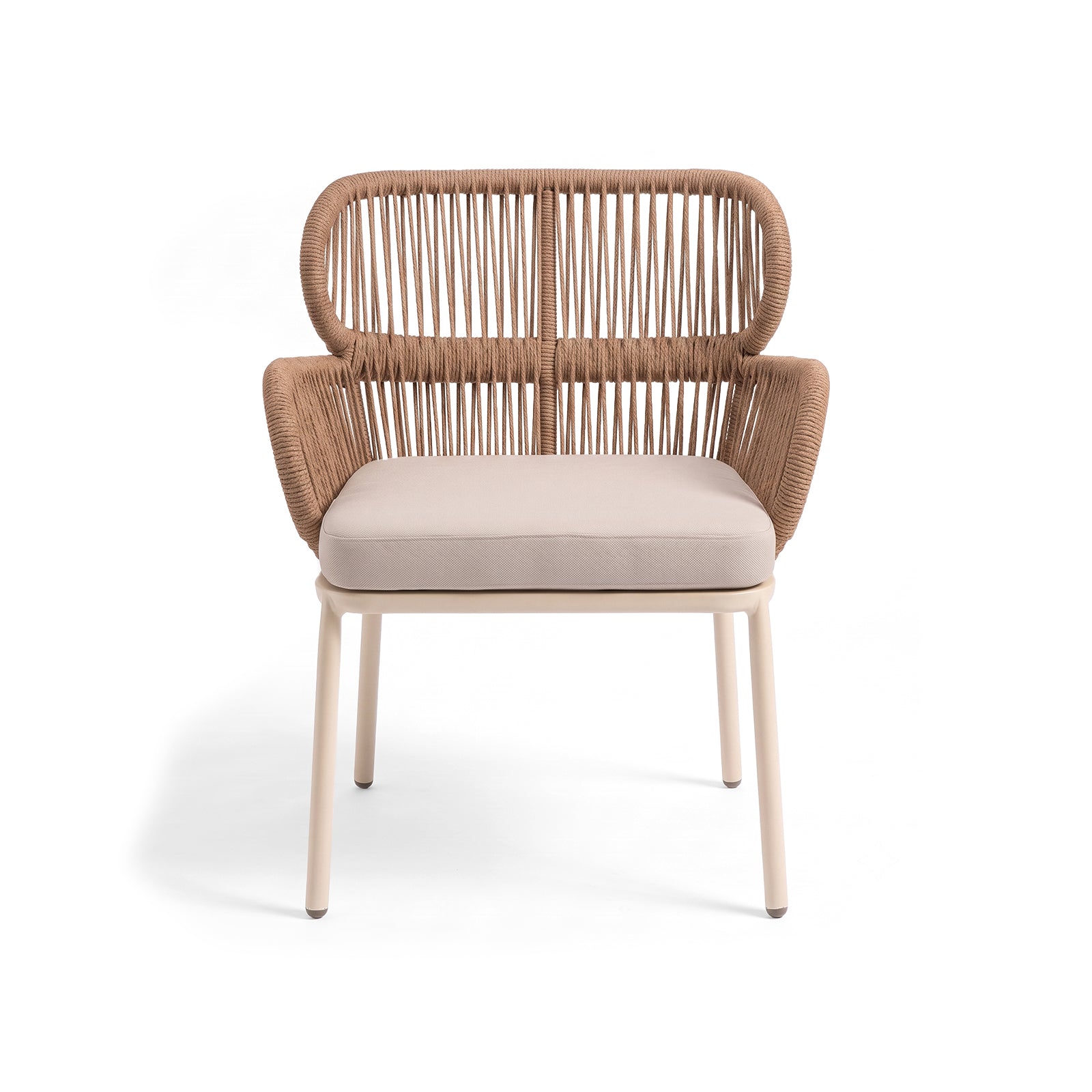 Modern woven chair with cushioned seat on a white background