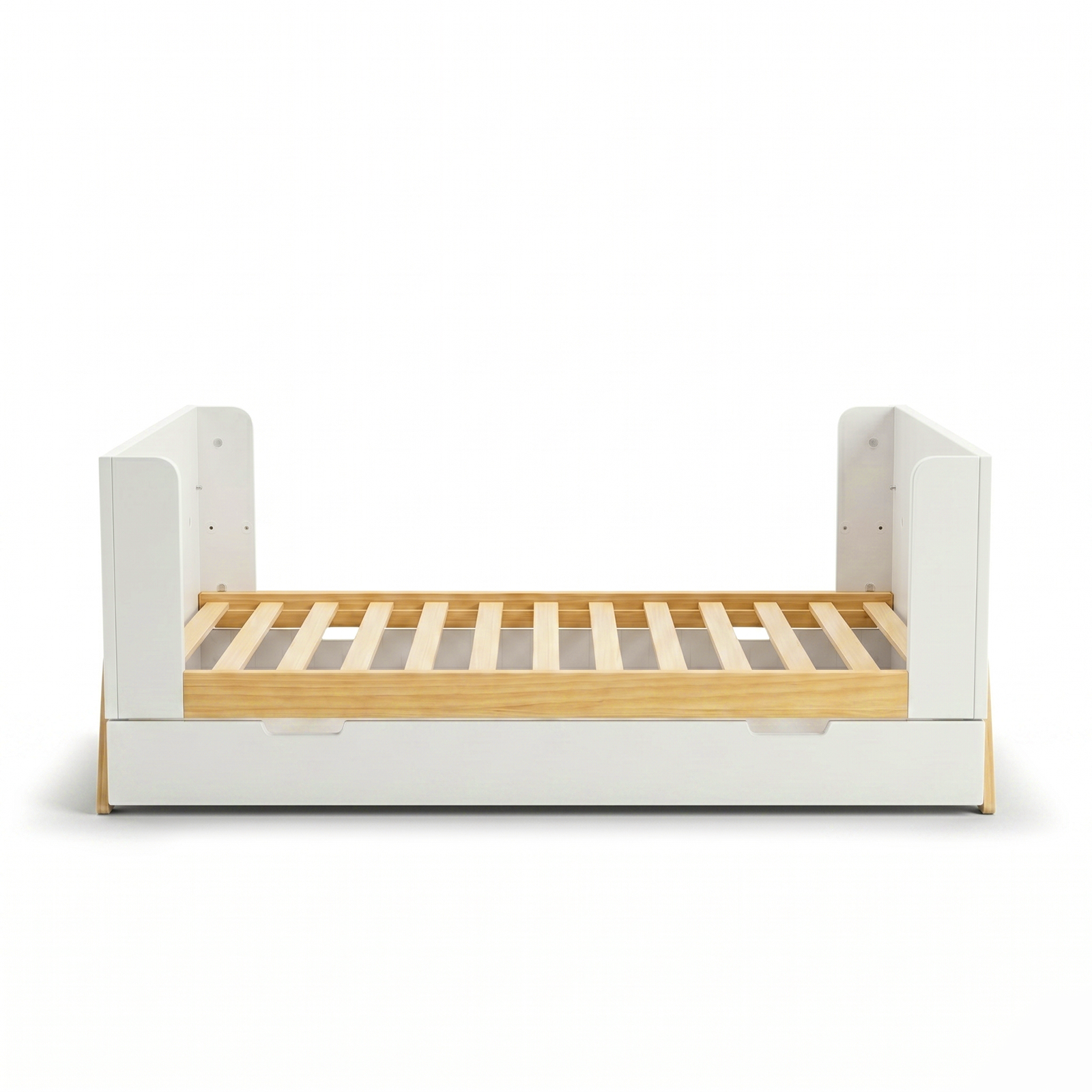 Children’s bed with white frame and wood slats on white background