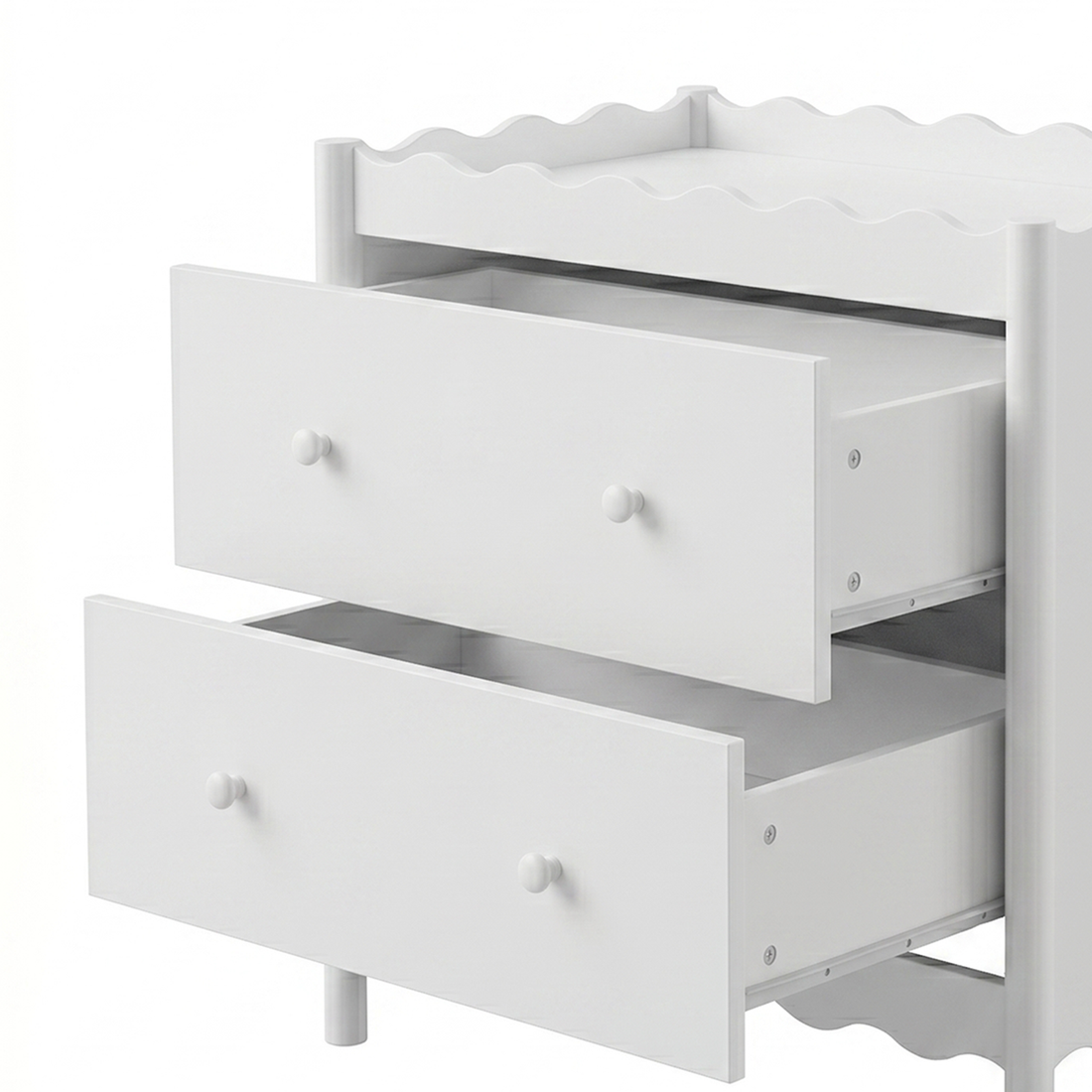 White two-drawer dresser with both drawers open on a white background