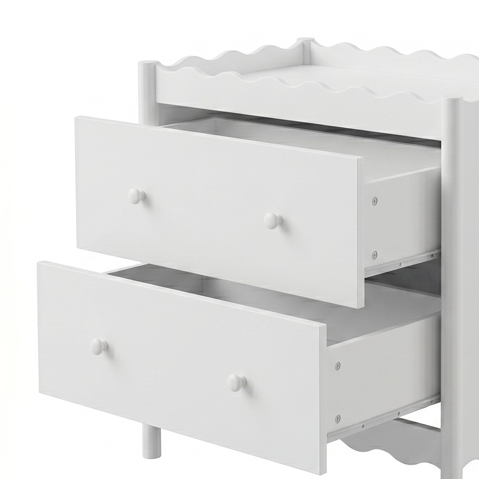 White two-drawer dresser with both drawers open on a white background