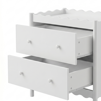 White two-drawer dresser with both drawers open on a white background