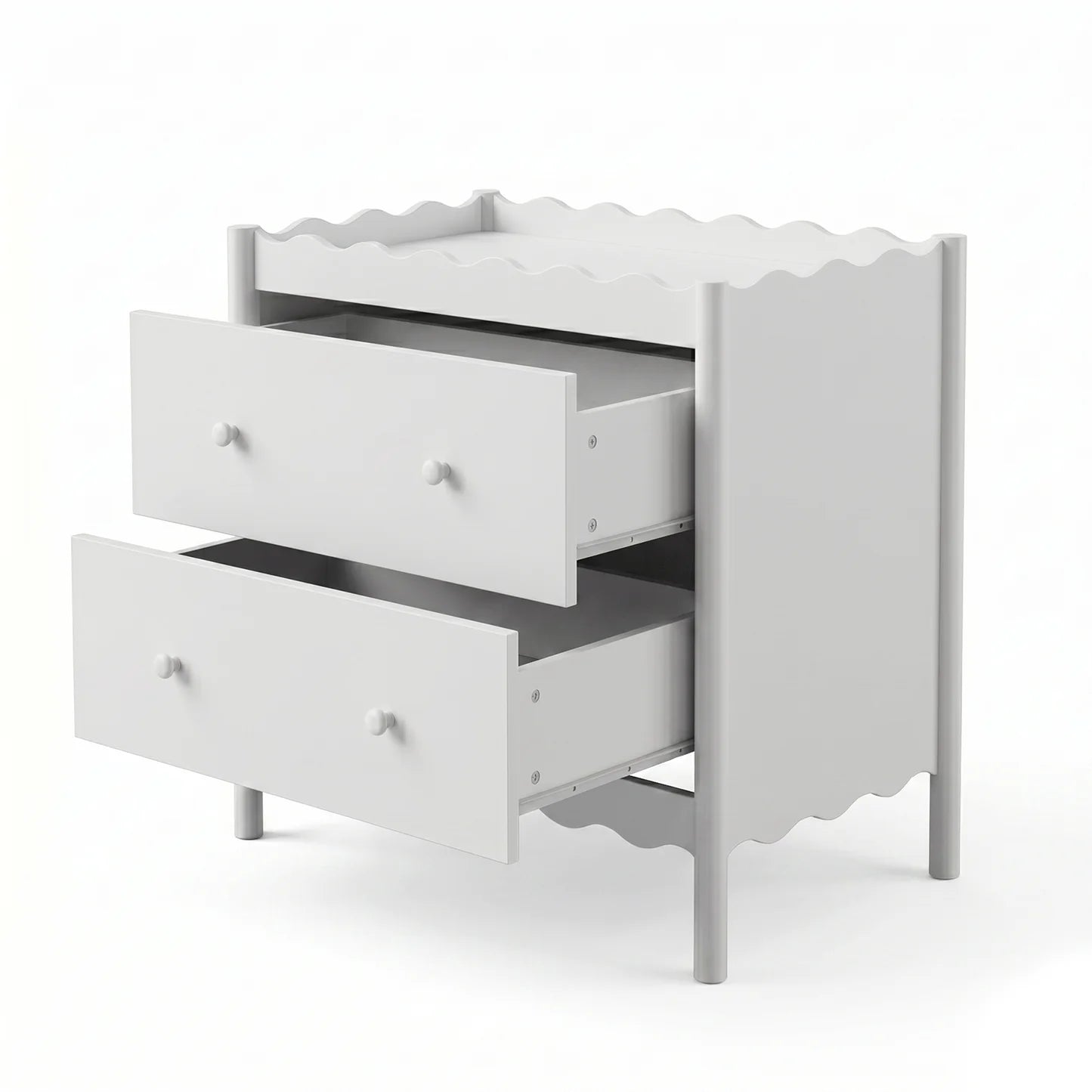 A white two-drawer baby change table featuring a decorative scalloped edge on the top surface and the base, complemented by simple round knobs.