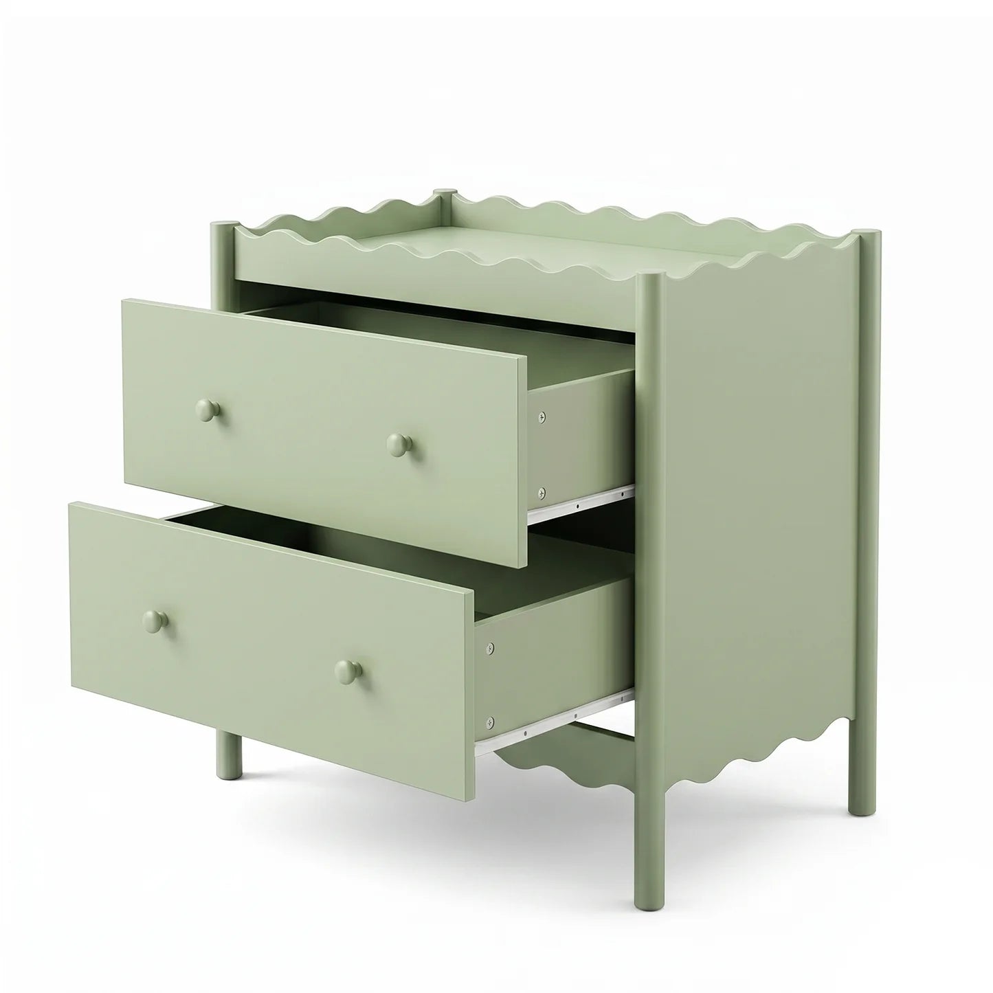 A sage green baby change table with two spacious drawers and a decorative scalloped trim along the top surface and base.