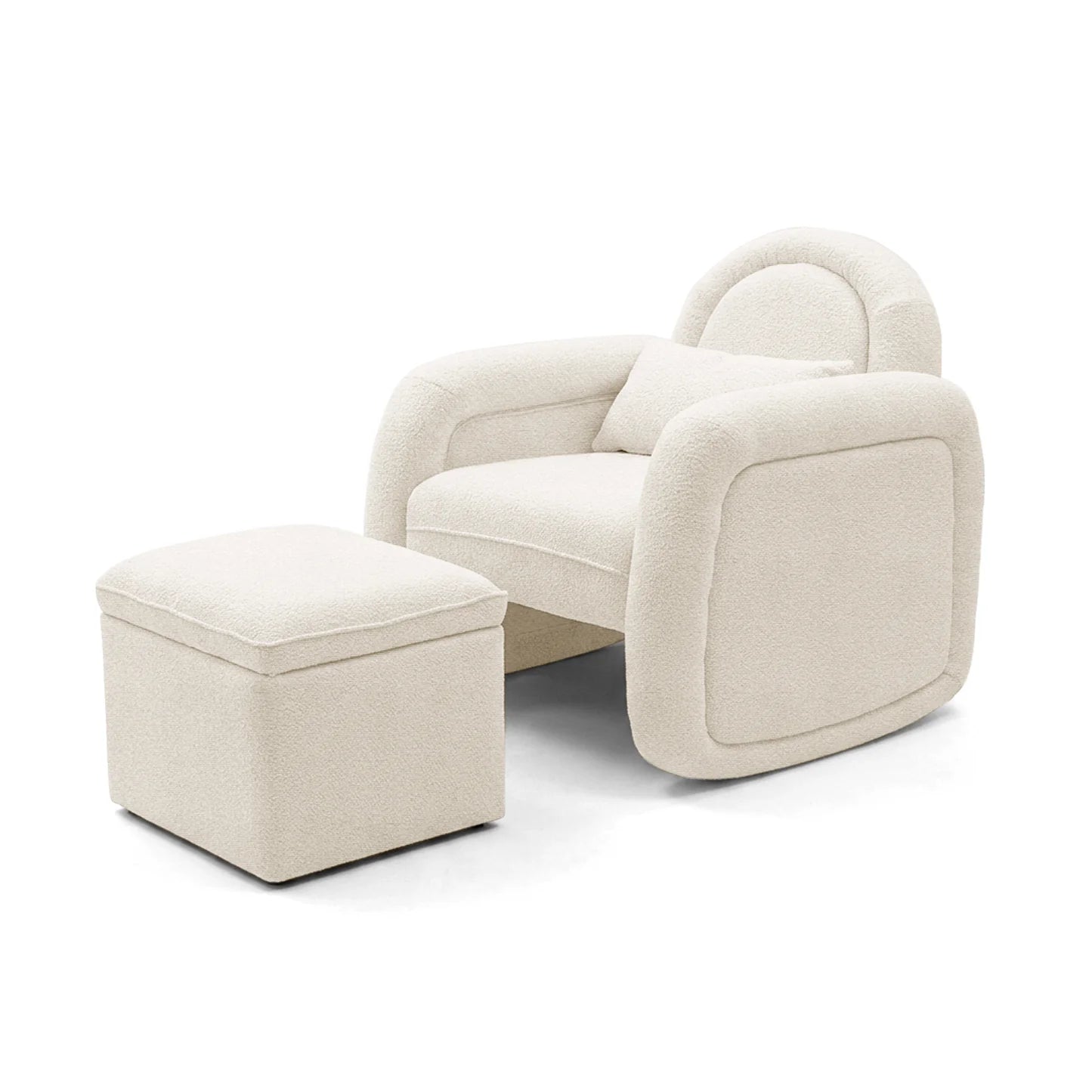A cream-colored bouclé rocking chair with a rounded, modern design and a matching square ottoman.