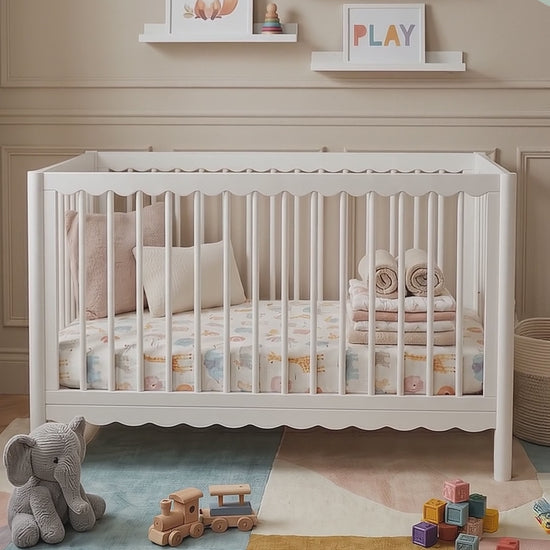Mira white cot video showing product details in nursery setting
