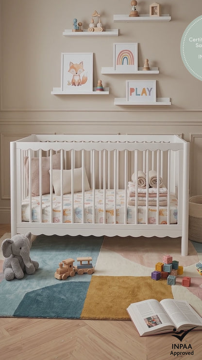 Mira white cot video showing product details in nursery setting