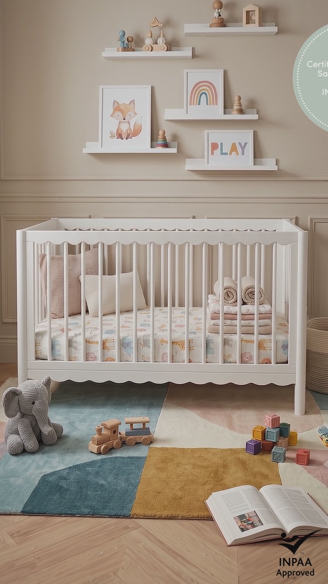 Mira white cot video showing product details in nursery setting